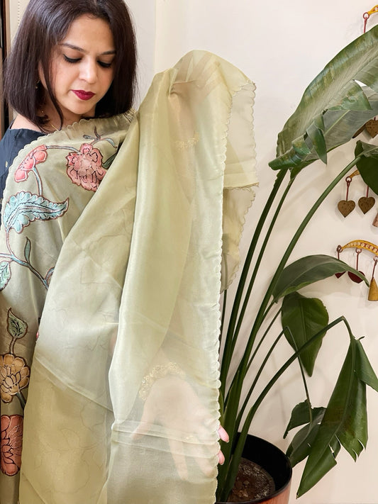 Pista Green Tissue Organza Dupatta with Handpainted Applique Work - Masakalee