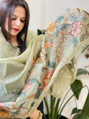 Pista Green Tissue Organza Dupatta with Handpainted Applique Work - Masakalee