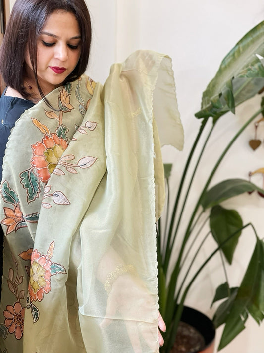 Pista Green Tissue Organza Dupatta with Handpainted Applique Work - Masakalee