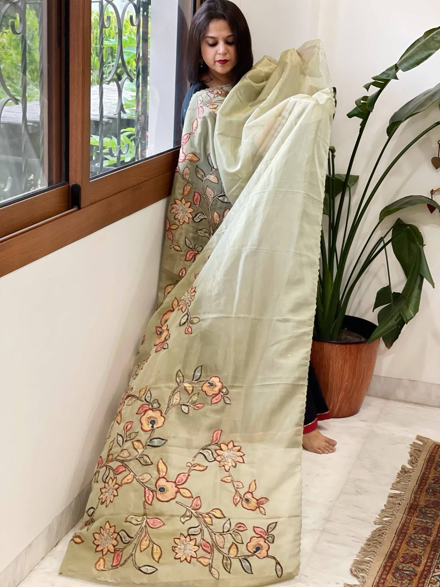 Pista Green Tissue Organza Dupatta with Handpainted Applique Work - Masakalee