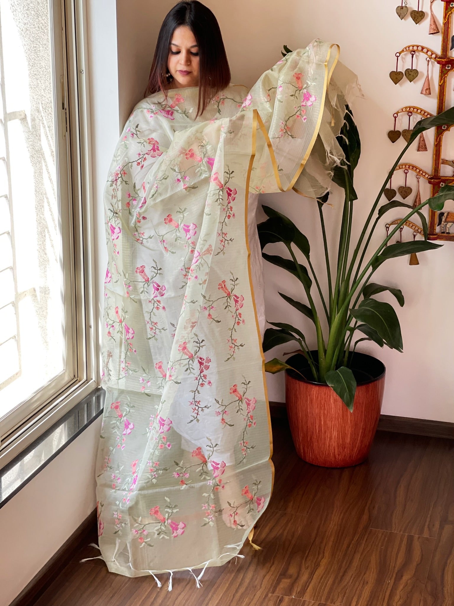 Pista Organza Dupatta with cross - stitch embroidery - Masakalee