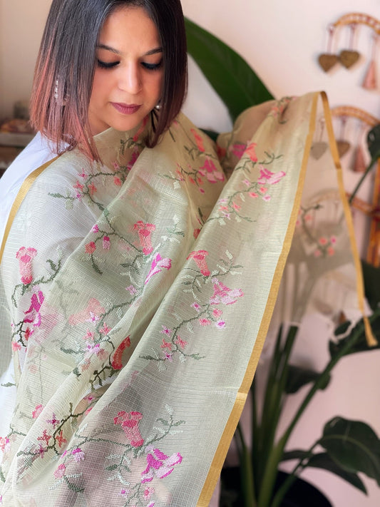 Pista Organza Dupatta with cross - stitch embroidery - Masakalee