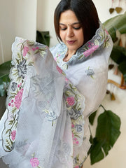 Powder Blue Kota Cotton Dupatta with Cross - Stitch Embroidered Border - Masakalee