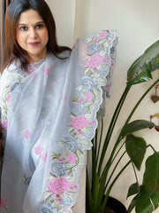 Powder Blue Kota Cotton Dupatta with Cross - Stitch Embroidered Border - Masakalee