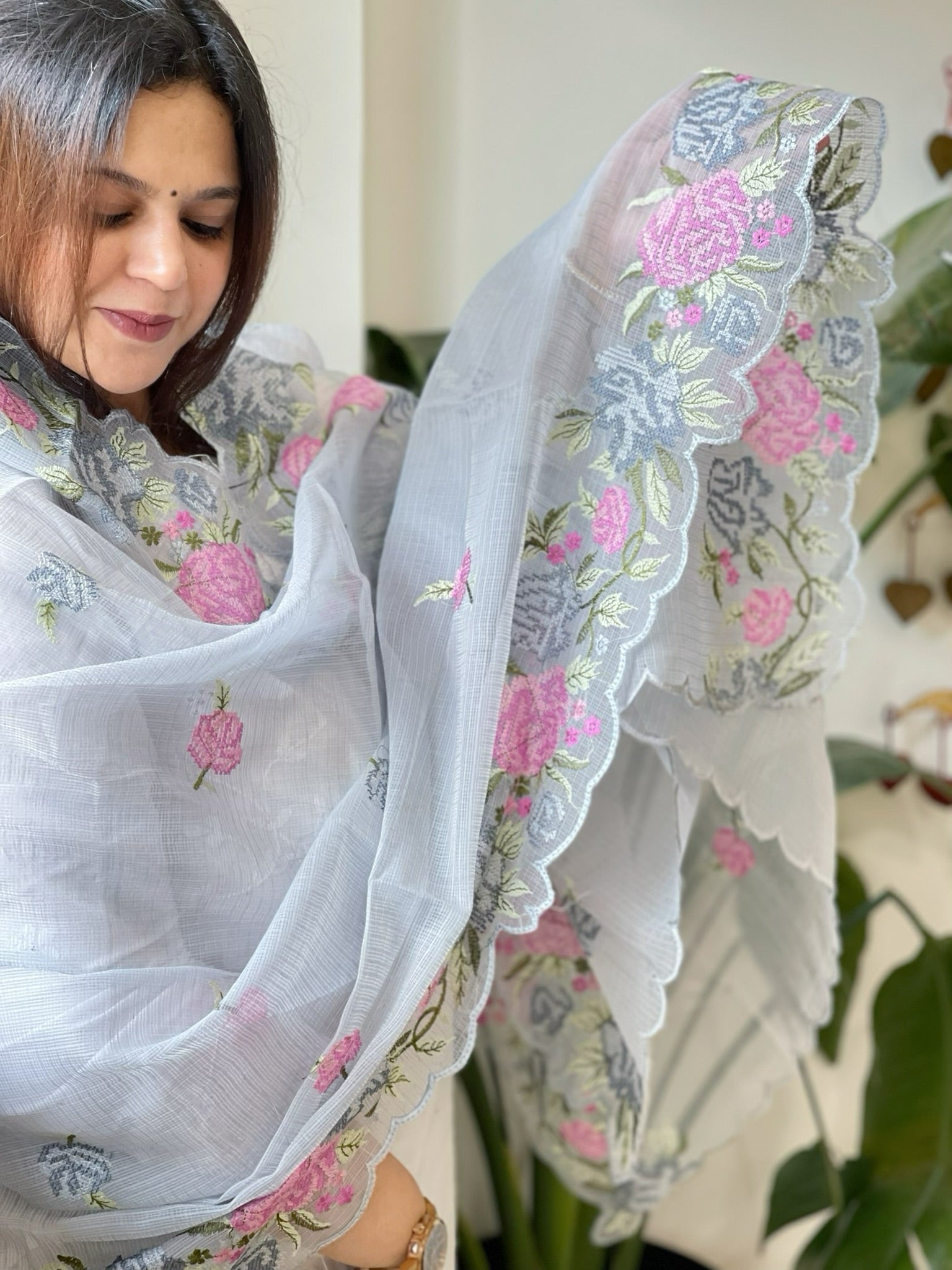 Powder Blue Kota Cotton Dupatta with Cross - Stitch Embroidered Border - Masakalee