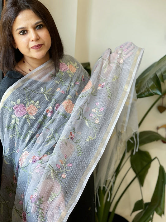 Powder Blue Kota Cotton Dupatta with Thread Embroidery - Masakalee