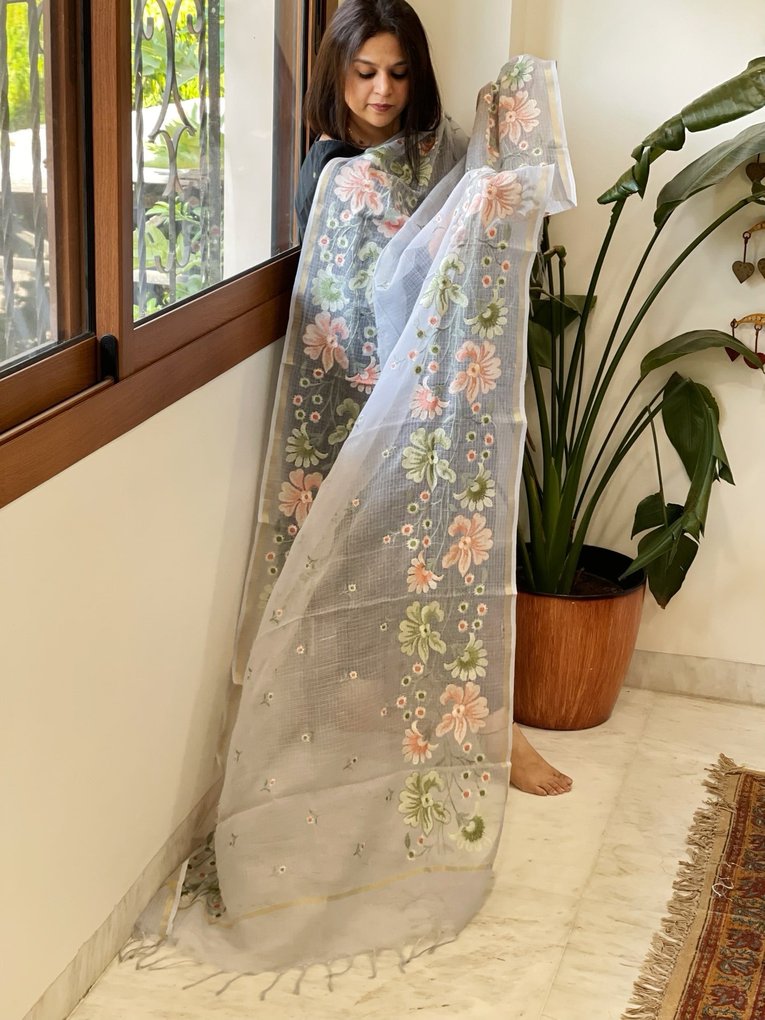 Powder Blue Kota Cotton Dupatta with Thread Embroidery - Masakalee