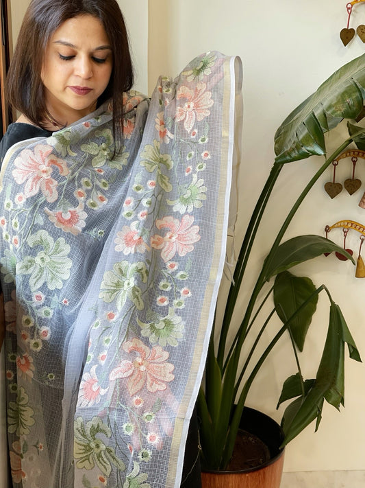 Powder Blue Kota Cotton Dupatta with Thread Embroidery - Masakalee