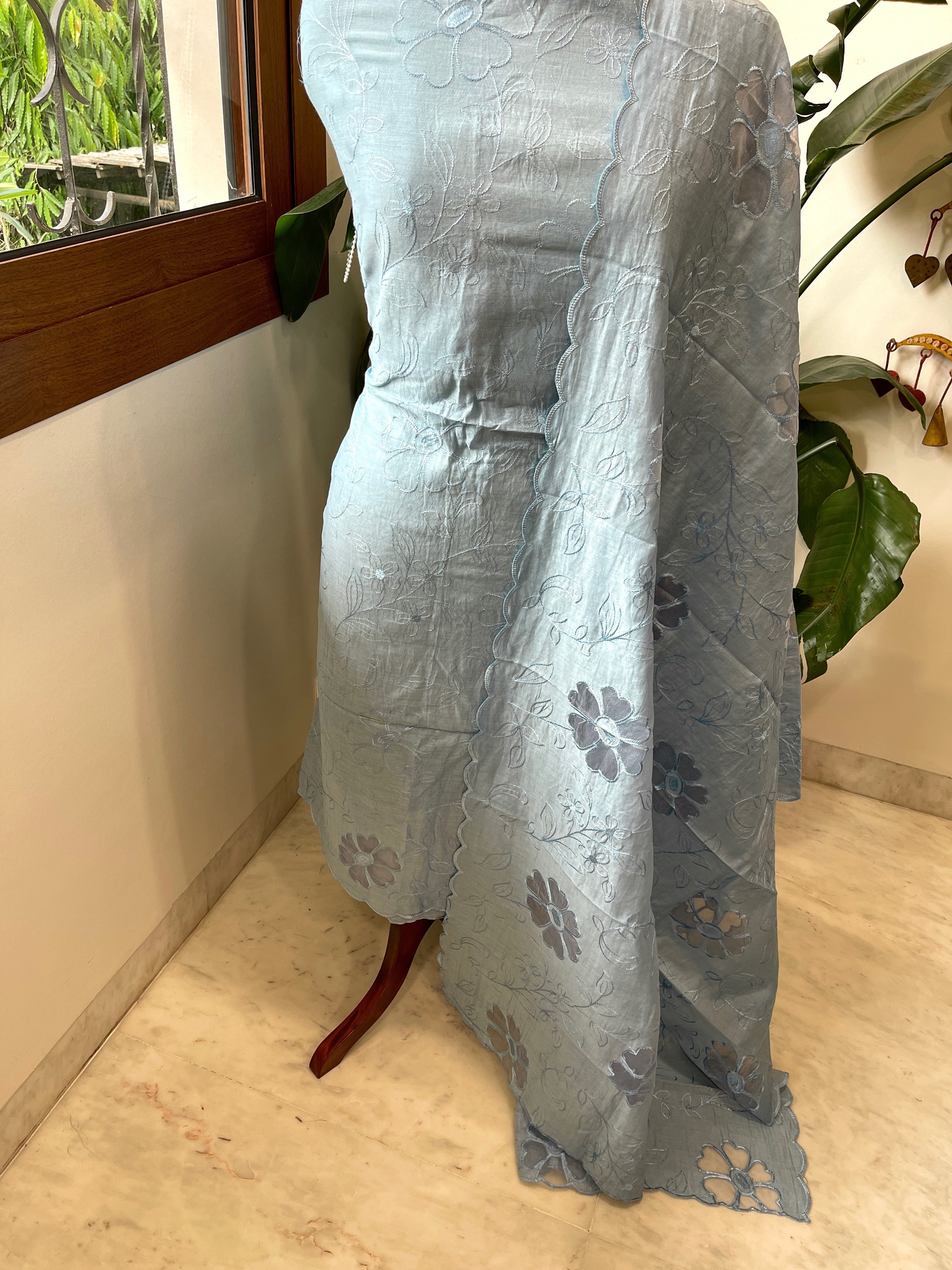 Powder Blue Mul Chanderi Suit Set with Cut Work - Masakalee