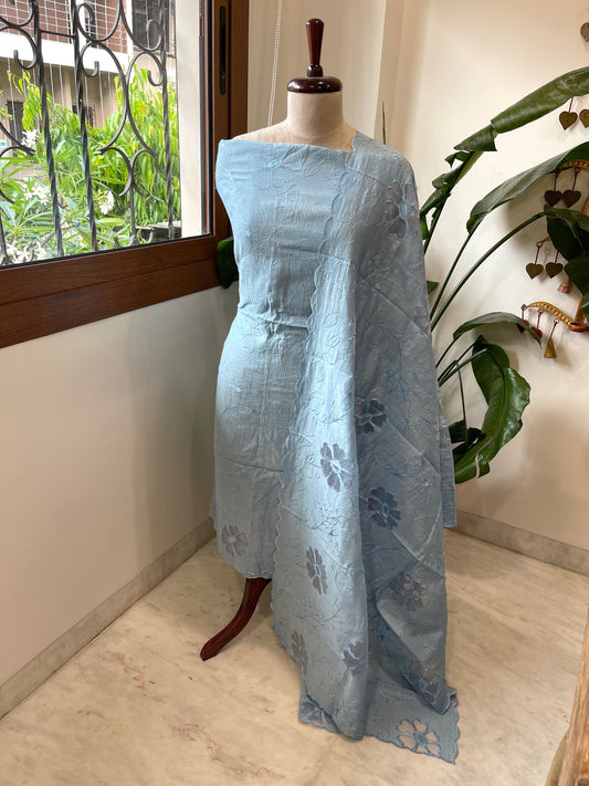 Powder Blue Mul Chanderi Suit Set with Cut Work - Masakalee