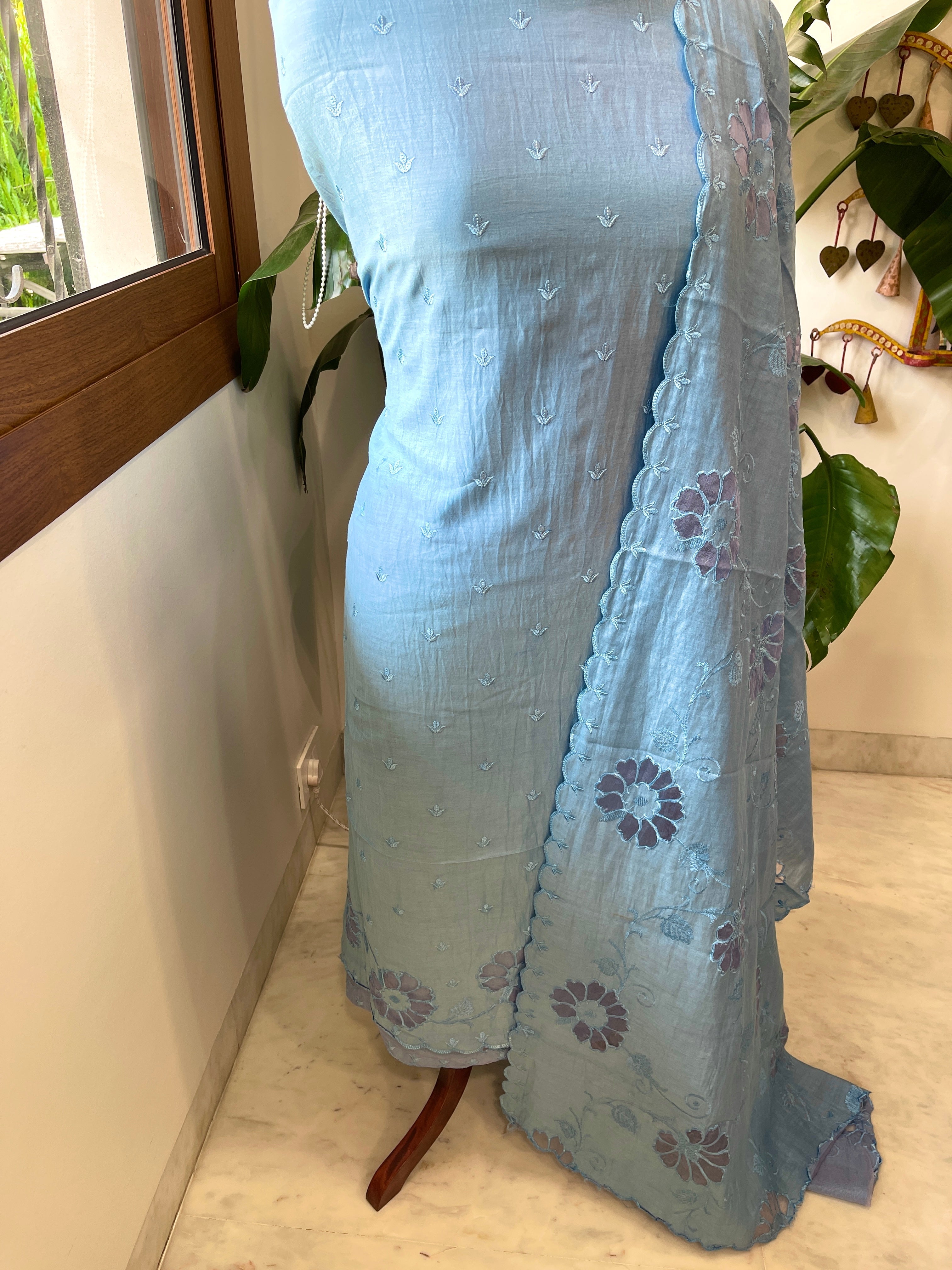Powder Blue Mul Chanderi Suit Set with Cut Work - Masakalee