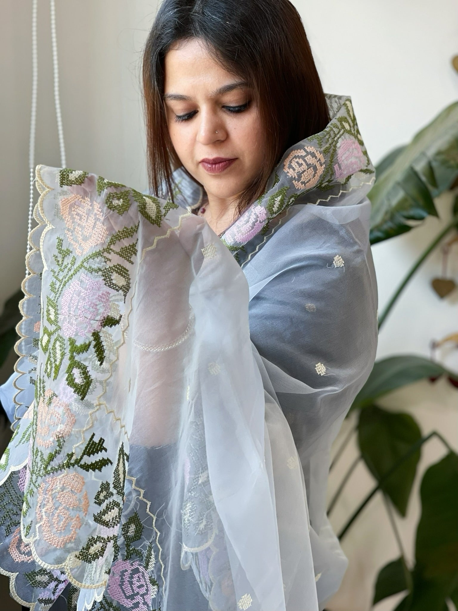 Powder Blue Organza Dupatta with Cross - Stitch Embroidery - Masakalee