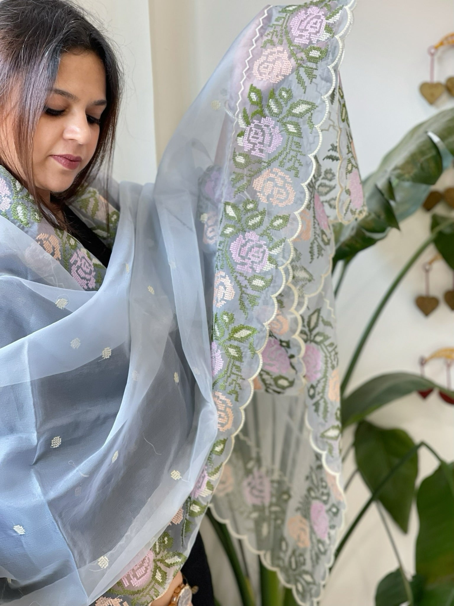 Powder Blue Organza Dupatta with Cross - Stitch Embroidery - Masakalee