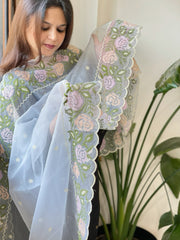 Powder Blue Organza Dupatta with Cross - Stitch Embroidery - Masakalee