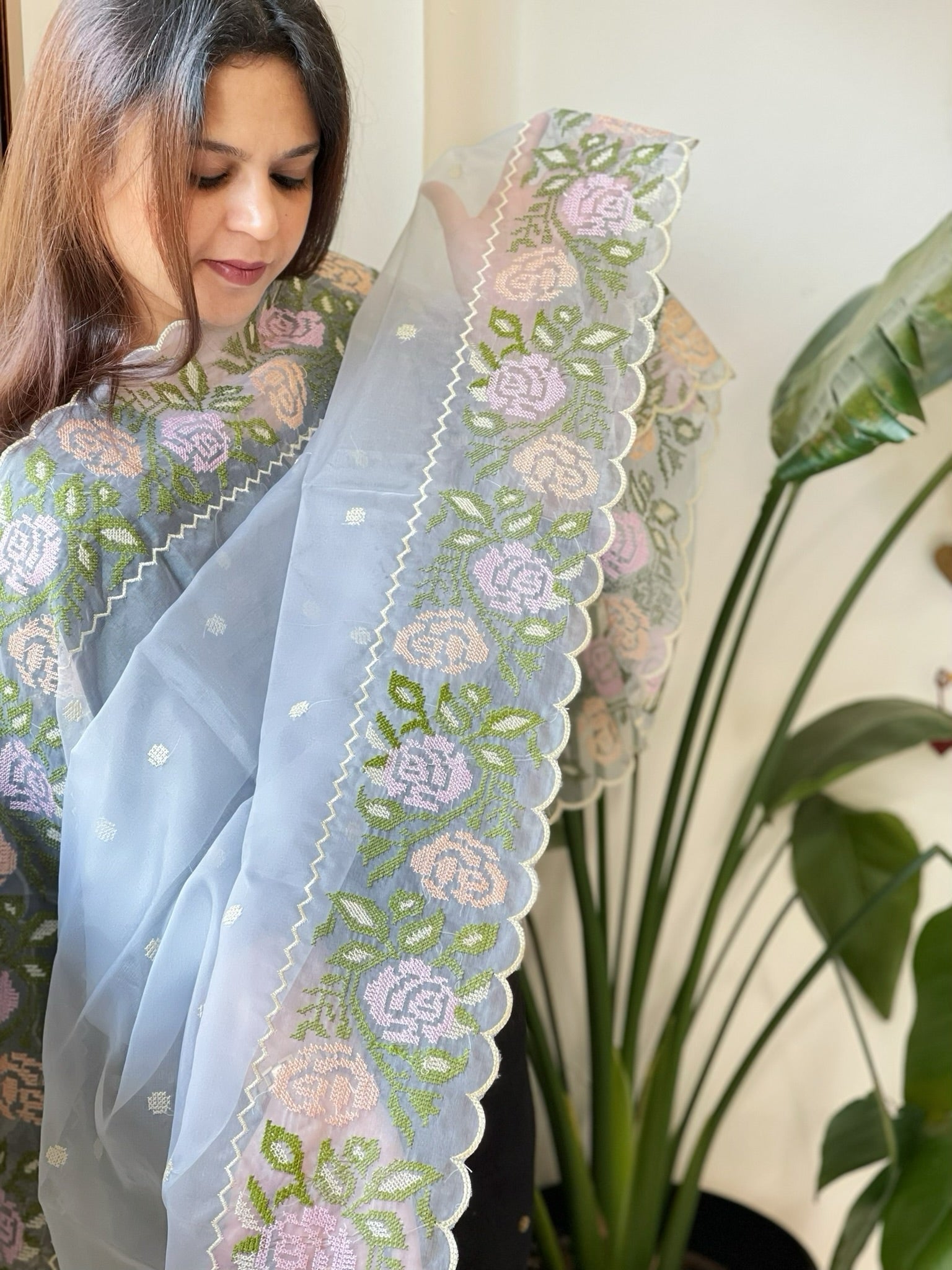 Powder Blue Organza Dupatta with Cross - Stitch Embroidery - Masakalee