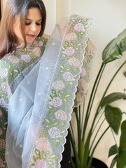 Powder Blue Organza Dupatta with Cross - Stitch Embroidery - Masakalee