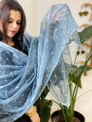Powder Blue Organza Dupatta with Pitta Work Butas and Gota Lace Border - Masakalee