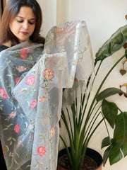 Powder Blue Organza Dupatta with Thread Embroidery - Masakalee