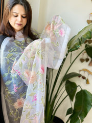 Powder Blue Organza Dupatta with thread embroidery - Masakalee