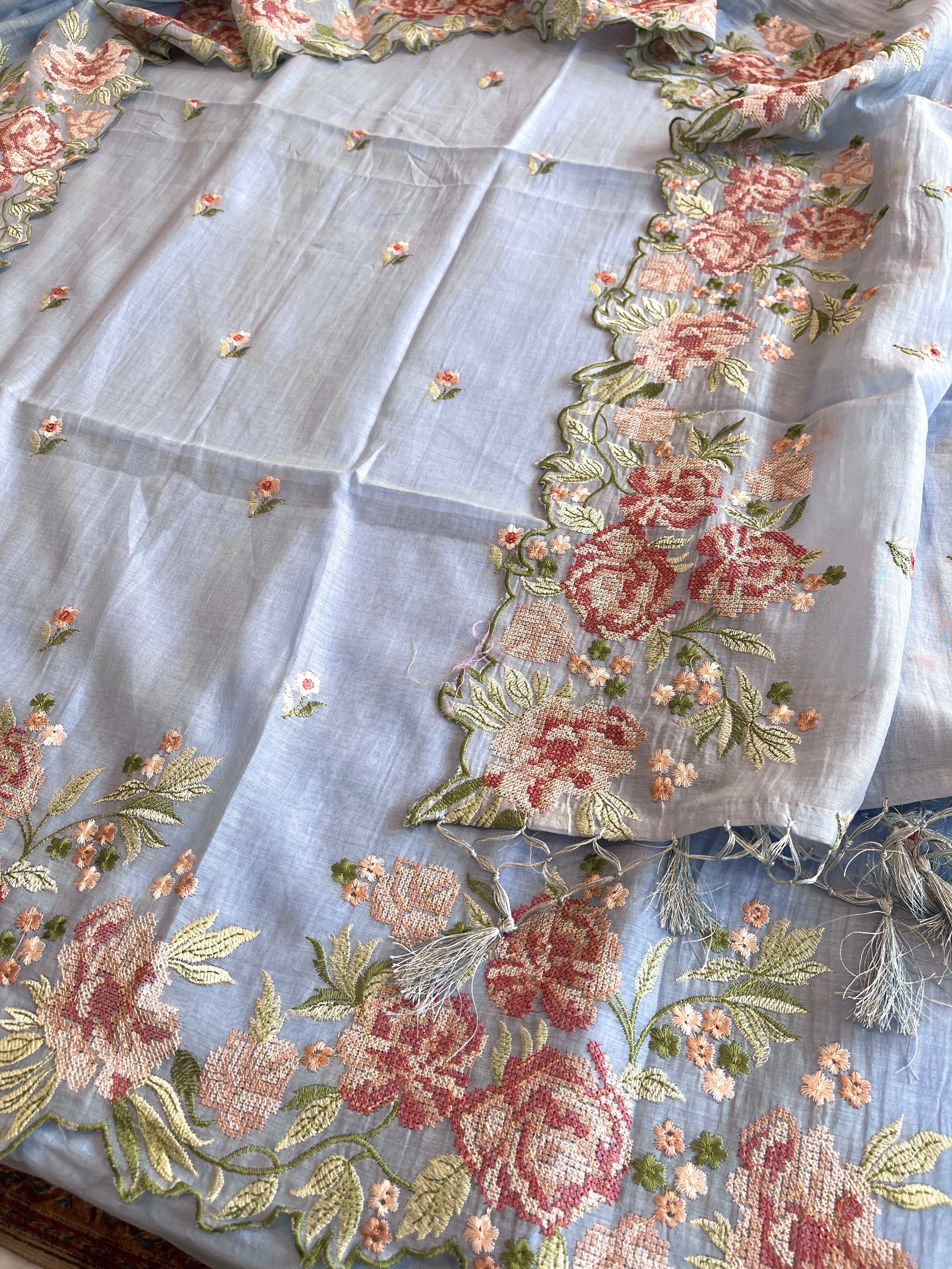 Powder Blue Suit Set with Cross - Stitch Embroidery in Pure Mul Chanderi - Masakalee