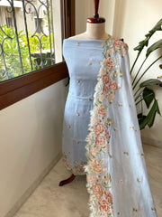 Powder Blue Suit Set with Cross - Stitch Embroidery in Pure Mul Chanderi - Masakalee