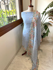Powder Blue Suit Set with Cross - Stitch Embroidery in Pure Mul Chanderi - Masakalee