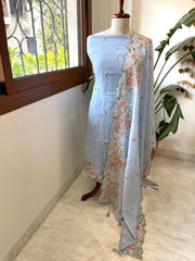 Powder Blue Suit Set with Cross - Stitch Embroidery in Pure Mul Chanderi - Masakalee
