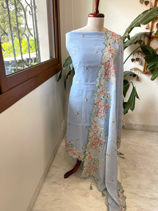 Powder Blue Suit Set with Cross - Stitch Embroidery in Pure Mul Chanderi - Masakalee