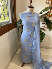 Powder Blue Suit Set with Gold Thread & Sequin Work in Pure Mul - Masakalee
