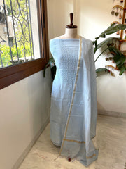 Powder Blue Suit Set with Lucknowi Handwork in Pure Mul Chanderi - Masakalee