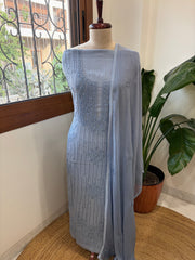 Powder Blue Suit Set with Lucknowi Handwork in Pure Mul Cotton - Masakalee