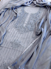 Powder Blue Suit Set with Lucknowi Handwork in Pure Mul Cotton - Masakalee