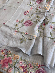 Powder Blue Suit Set with Parsi Gara Embroidery in Pure Tussar Silk - Masakalee