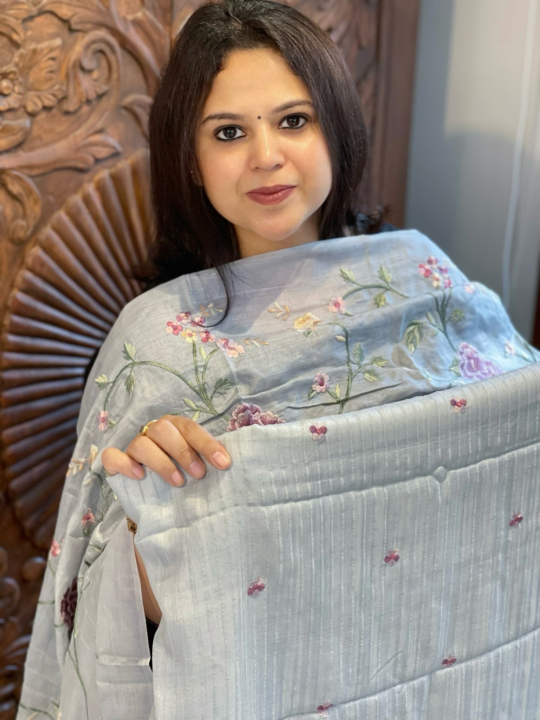 Powder Blue Suit Set with Parsi Gara Embroidery in Pure Tussar Silk - Masakalee