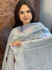 Powder Blue Suit Set with Parsi Gara Embroidery in Pure Tussar Silk - Masakalee