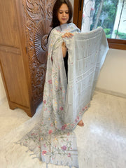 Powder Blue Suit Set with Parsi Gara Embroidery in Pure Tussar Silk - Masakalee