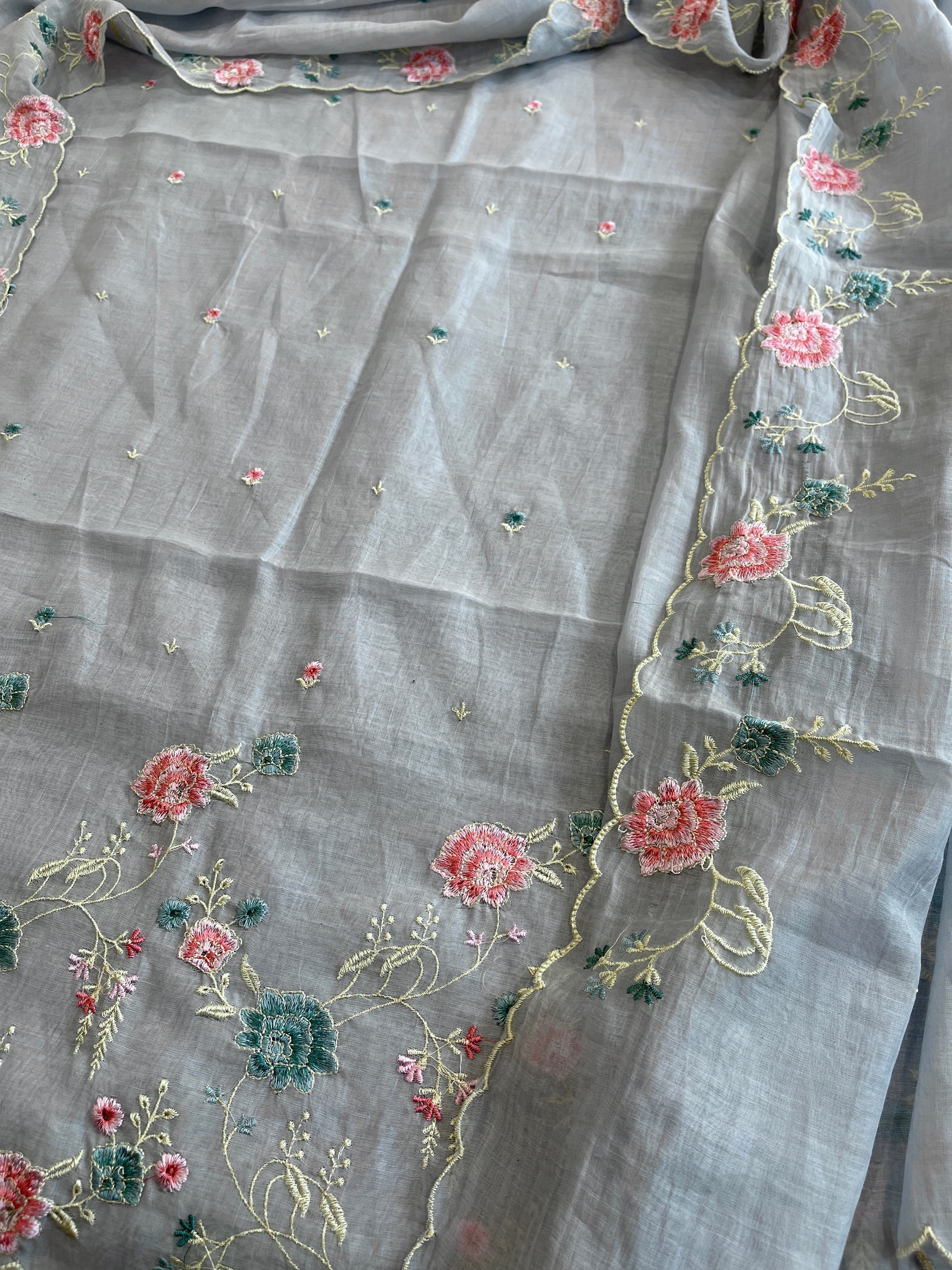 Powder Blue Suit Set with Thread Embroidery in Mul Chanderi - Masakalee