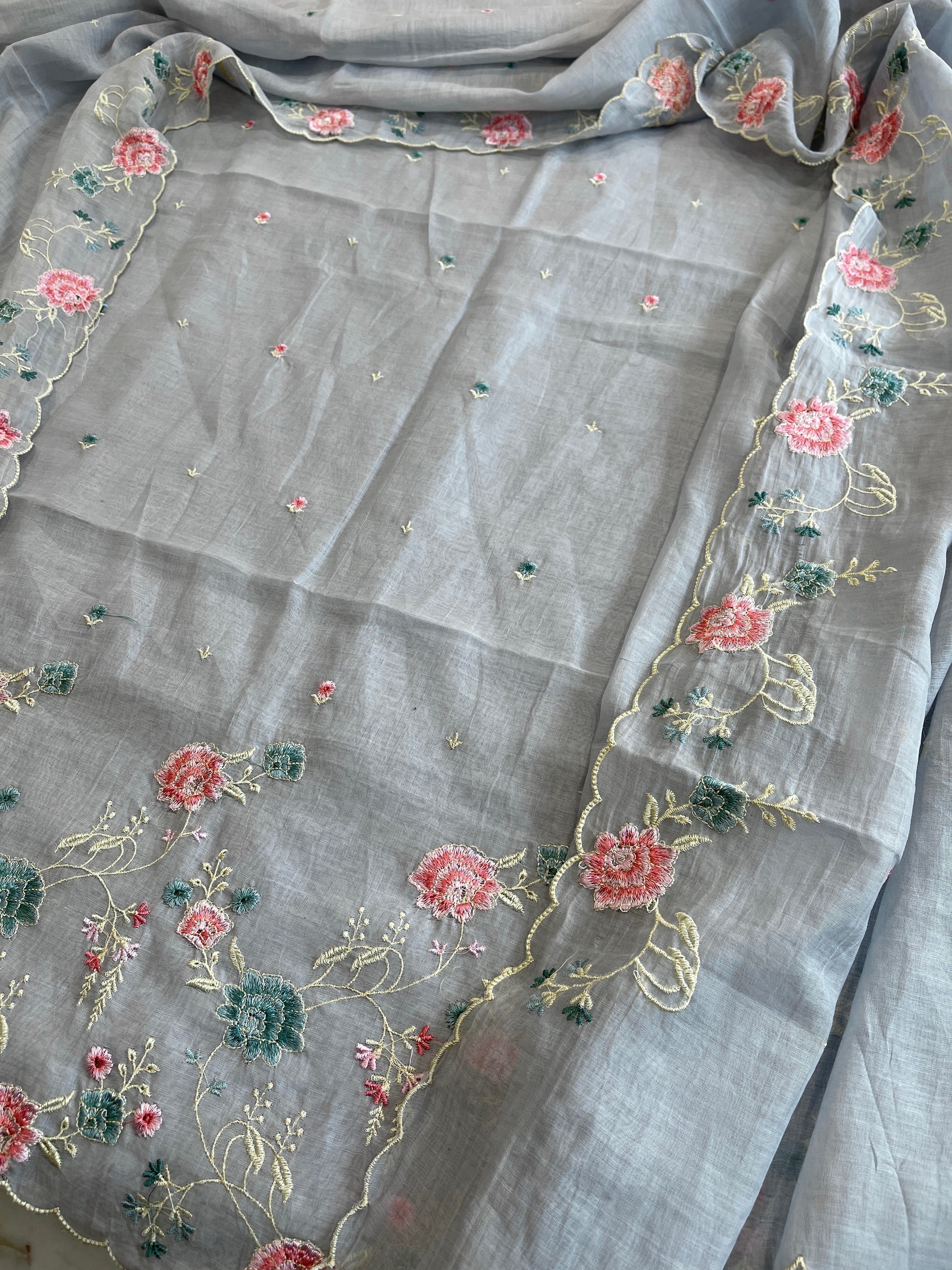 Powder Blue Suit Set with Thread Embroidery in Mul Chanderi - Masakalee