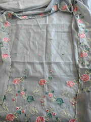 Powder Blue Suit Set with Thread Embroidery in Mul Chanderi - Masakalee