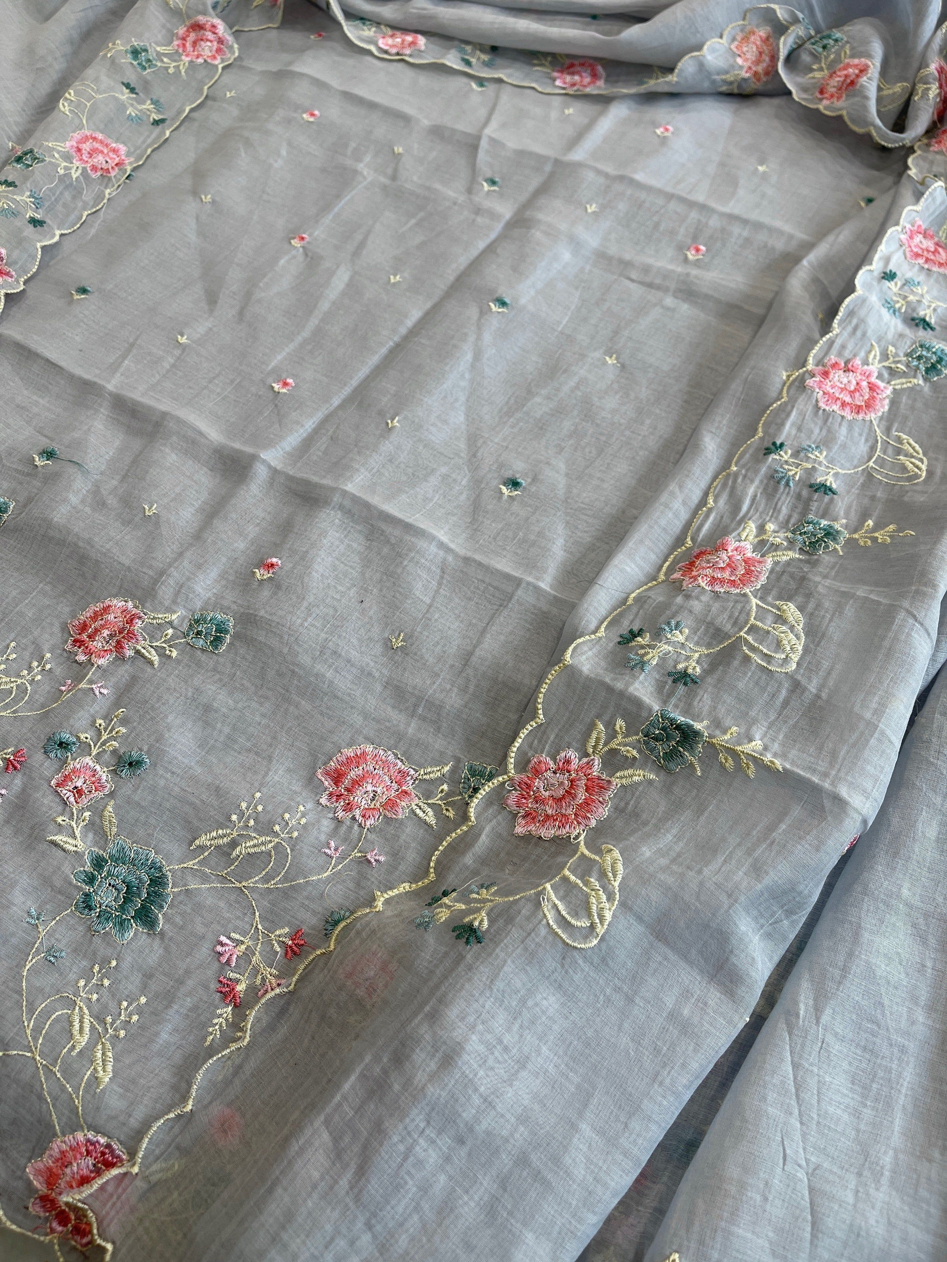 Powder Blue Suit Set with Thread Embroidery in Mul Chanderi - Masakalee