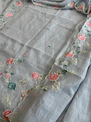 Powder Blue Suit Set with Thread Embroidery in Mul Chanderi - Masakalee