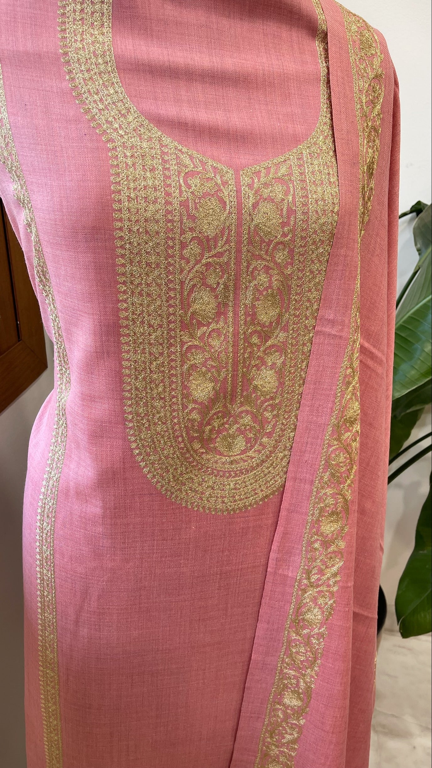 Powder Pink Winter Suit Set with Aari Work in Pashmina Wool - Masakalee