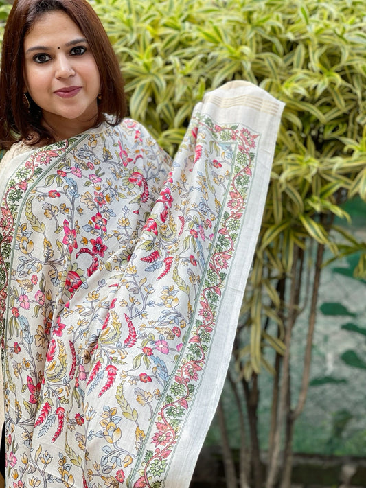 Printed Kalamkari Dupatta with Sequin Work and Zari Pallu in Dola Silk - Masakalee