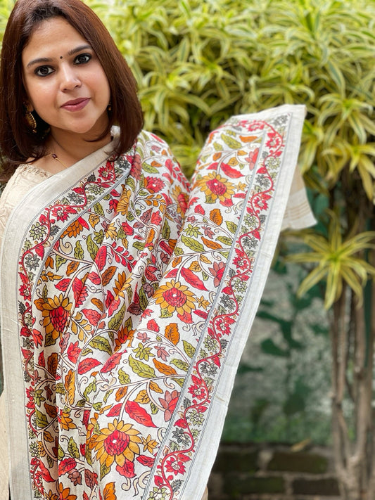 Printed Kalamkari Dupatta with Sequin Work and Zari Pallu in Dola Silk - Masakalee