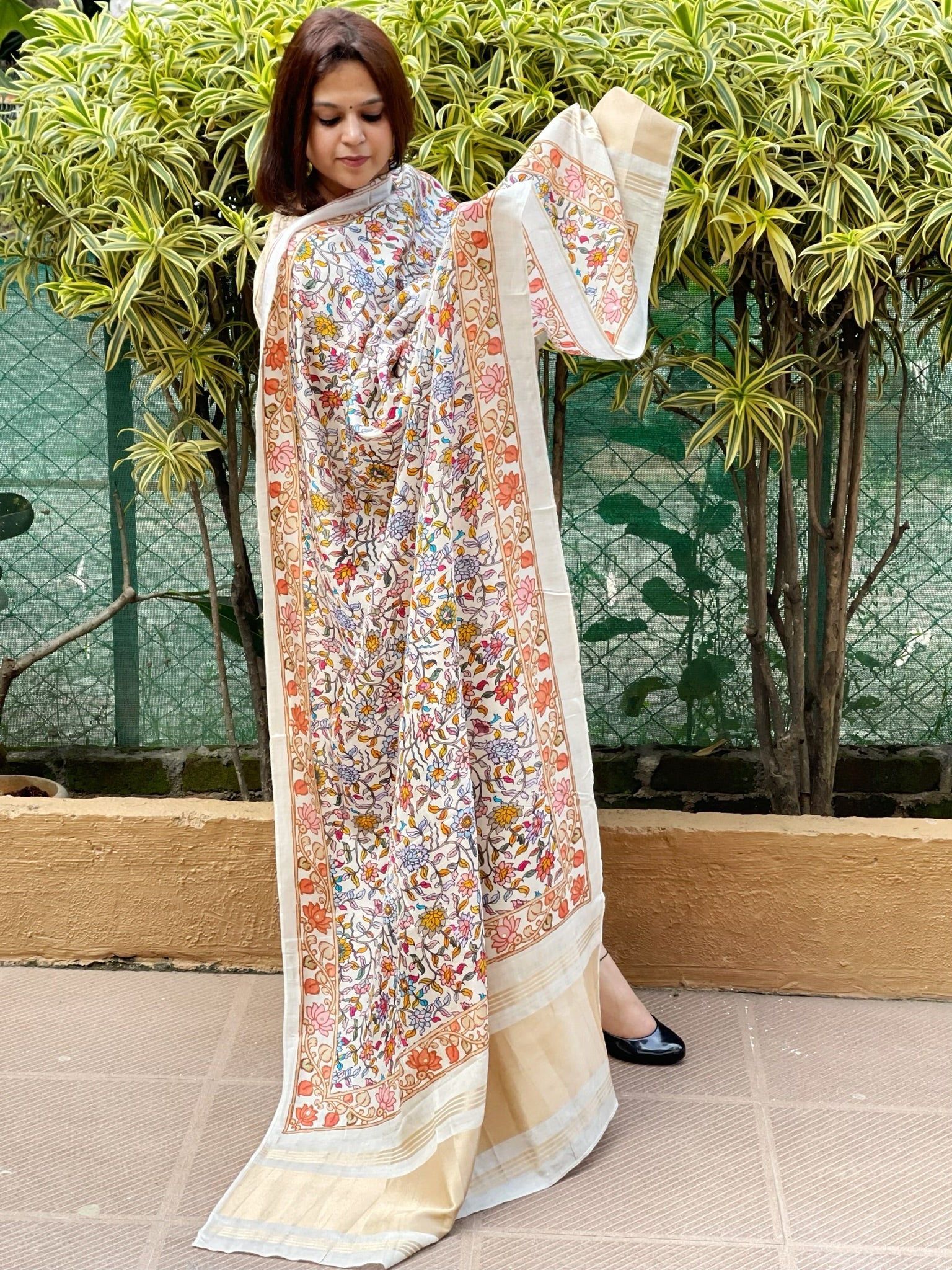 Printed Kalamkari Dupatta with Sequin Work and Zari Pallu in Dola Silk - Masakalee