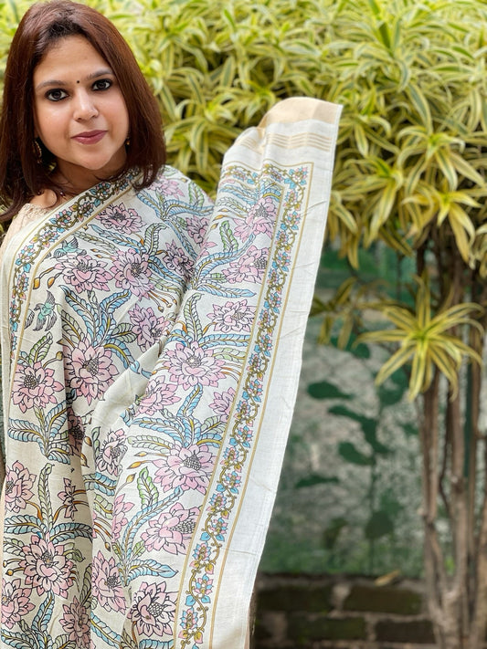 Printed Kalamkari Dupatta with Sequin Work and Zari Pallu in Dola Silk - Masakalee