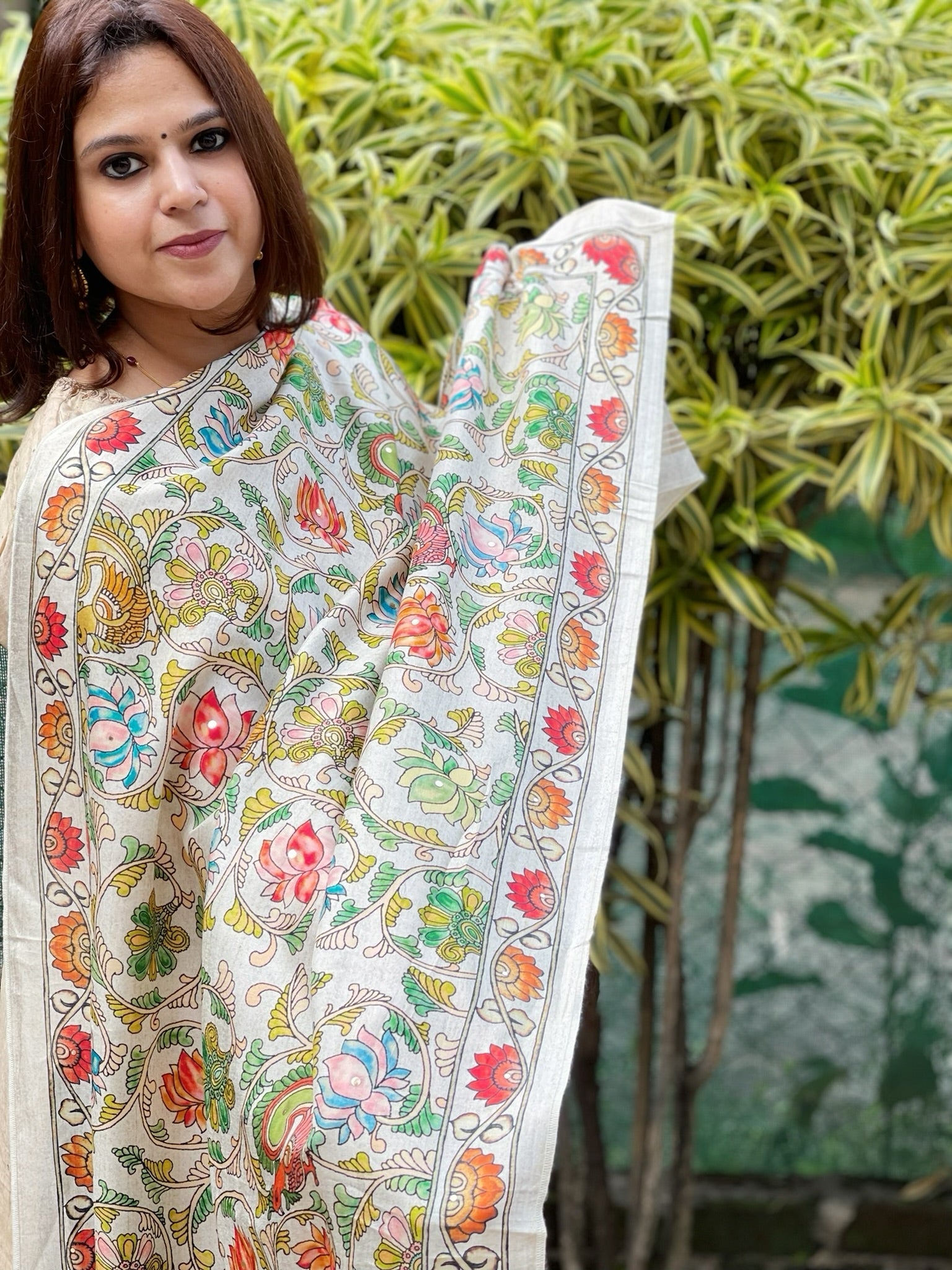 Printed Kalamkari Dupatta with Sequin Work and Zari Pallu in Dola Silk - Masakalee