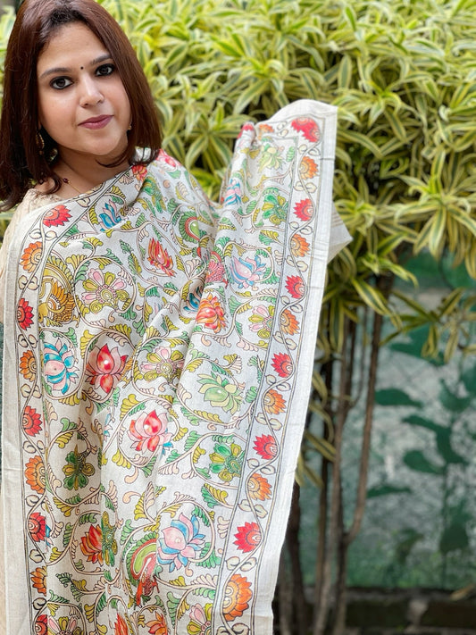 Printed Kalamkari Dupatta with Sequin Work and Zari Pallu in Dola Silk - Masakalee