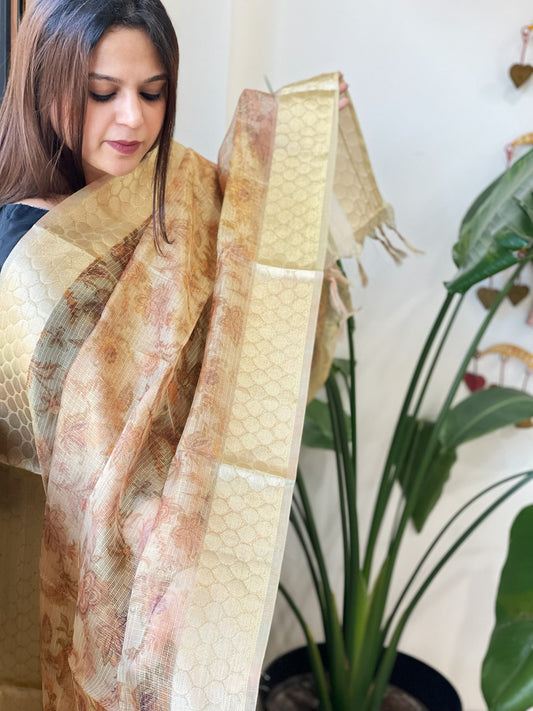 Printed Kota Tissue Dupatta with Zari Border - Masakalee