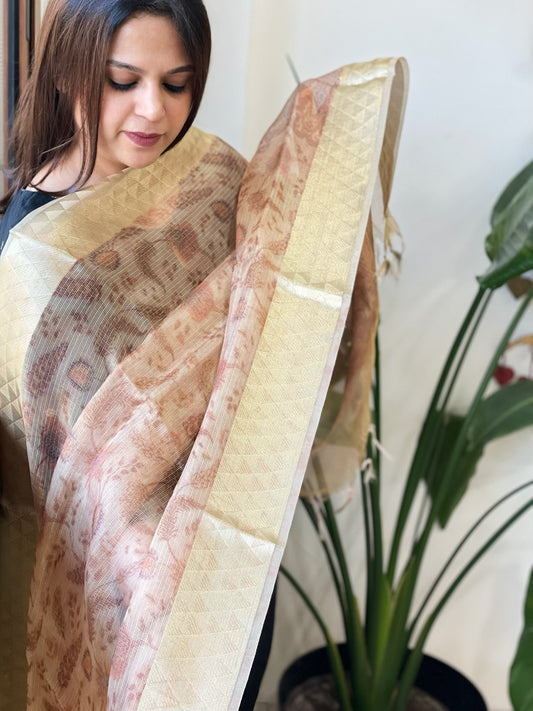 Printed Kota Tissue Dupatta with Zari Border - Masakalee
